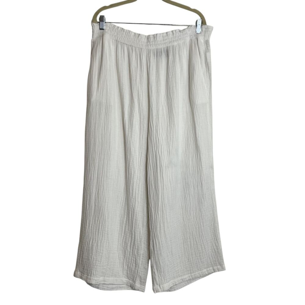 Lands End Cotton Double Gauze Wide Leg Pull On Pants Large Beach Coastal Boho